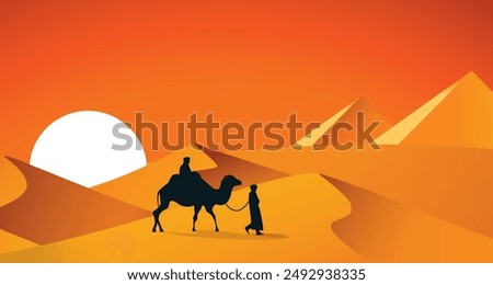 Silhouette of the Camel Trader crossing the sand to pyramid dune during sunset. Silhouette illustration of riding a Camel during sunset, desert, rajasthan, morocco, dunes, thar