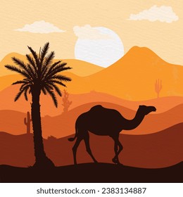 Silhouette of a camel walking isolated in the evening, night, dawn desert background