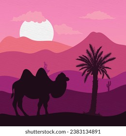 Silhouette of a camel walking isolated in the evening, night, dawn desert background