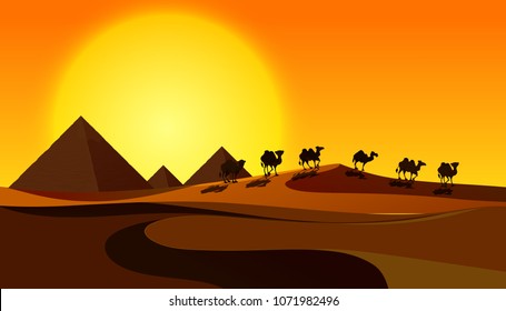  Silhouette Camels in Desert Scene illustration