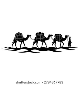 Silhouette of camels and a man