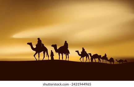 Silhouette camels with man walking , travel in sunset desert landscape vector illustration background.