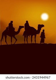 Silhouette camels with man walking , travel in sunset desert landscape vector illustration background.