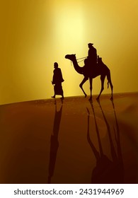 Silhouette camels with man walking , travel in sunset desert landscape vector illustration background.