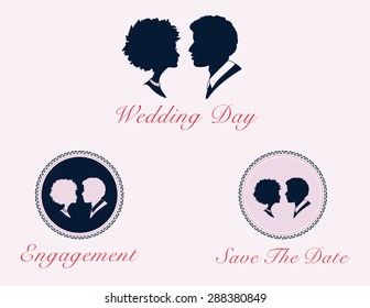 Silhouette cameo vector couple profiles in pretty frames and borders. Wedding, engagement announcements and save the date invitations. Logo and social media profile picture and avatar set.