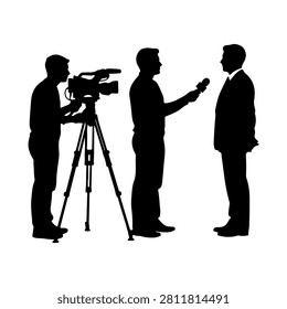 Silhouette of camera crew filming interview with businessman in formal suit during professional discussion