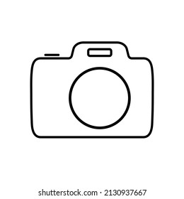 Silhouette of a camera in the form of an icon for snapshots of photos, flat linear style camera design for photographers. Isolated on a white background. Vector graphics