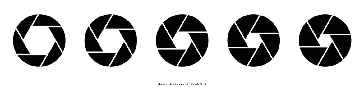 Silhouette camera lens diaphragm. Camera shutter vector icons set. Photo camera icon symbol. Camera photography icons. Lens aperture, photo shutter, photo lens, shutter lens isolated set. Vector icons