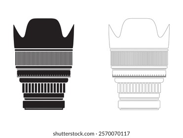 Silhouette camera lens. Fill and outline the camera lens. A clean, graphic illustration of a camera lens, presented in both solid black and outlined variations. Vector illustration of a camera lens