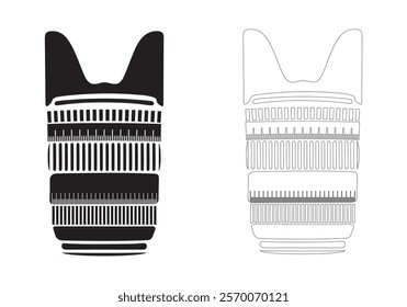 Silhouette camera lens. Fill and outline the camera lens. A clean, graphic illustration of a camera lens, presented in both solid black and outlined variations. Vector illustration of a camera lens