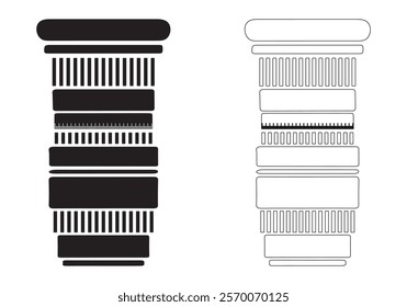 Silhouette camera lens. Fill and outline the camera lens. A clean, graphic illustration of a camera lens, presented in both solid black and outlined variations. Vector illustration of a camera lens