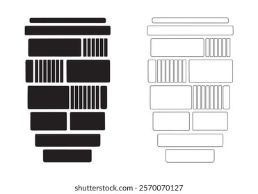 Silhouette camera lens. Fill and outline the camera lens. A clean, graphic illustration of a camera lens, presented in both solid black and outlined variations. Vector illustration of a camera lens