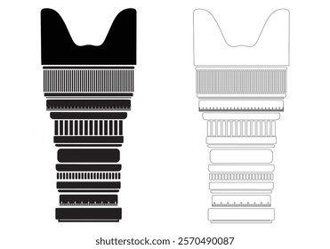 Silhouette camera lens. Fill and outline the camera lens. A clean, graphic illustration of a camera lens, presented in both solid black and outlined variations. Vector illustration of a camera lens