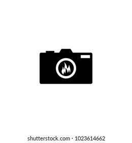 Silhouette of camera photography with fire flame on a lens logo design template vector