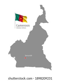 Silhouette of Cameroon country map. Gray editable map with waving national flag and Yaounde city capital, Middle Africa country territory borders vector illustration on white background