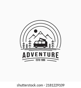 Silhouette camper van on mountain travel vintage logo design. Forest camp vacation summertime. Simple line art travel business logo concept. svg
