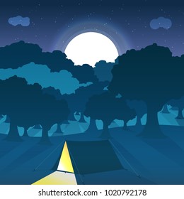 Silhouette camping concept starry night sky fantasy forest with moon shiny background