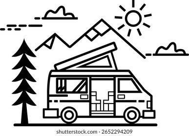 Silhouette Camping Van with Mountains and Sun Line Art Vector Illustration