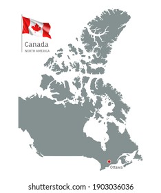 Silhouette of Canada country map. Gray editable map with waving national flag and Ottawa city capital, North America country territory borders vector illustration on white background