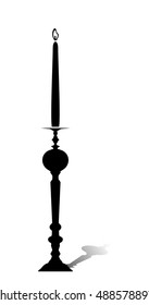 Silhouette of the candlestick with a lighted candle and shadow.