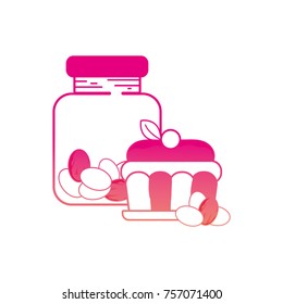 silhouette candy almonds inside jar and cake dessert