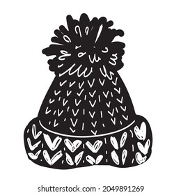 The silhouette of the cap is hand-drawn in the vector black color . Cute doodle on a white background, New Year and Christmas illustration.