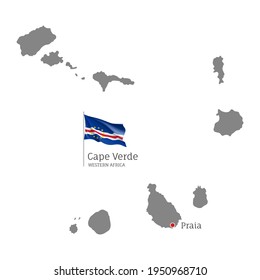 Silhouette of Cape Verde country map. Gray editable map with waving national flag and Praia capital, Western Africa country territory borders vector illustration on white background