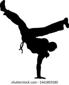 Silhouette of a Capoeirista executing an inverted kick. Vector illustration. 