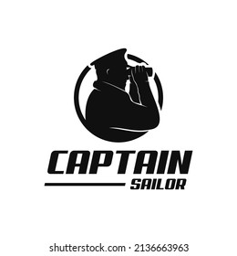 silhouette of captain holding binoculars in a circle, sailor logo