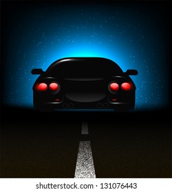Silhouette of car with backlights on asphalt dark background.