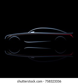 Silhouette of car with burning lights on a black background. Side view. Vector illustration.