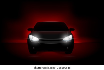 Silhouette of a car in the dark, headlights. Car lights, night racing, backlight. Vector illustration.