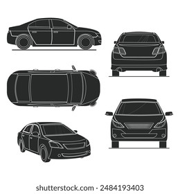 Silhouette Auto in anderer Ansicht. Seiten-, Vorder-, Rücken- und Draufsicht. Silhouette flache Illustration