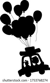 Silhouette car floating with balloons on white background illustration