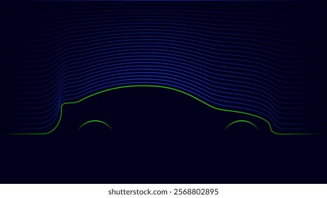 Silhouette of a car formed by line on a dark background. Blue curved lines show aerodynamic flow.