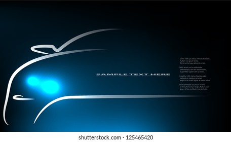 Silhouette of car with headlights on black background. Vector illustration