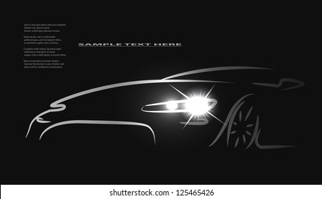 Silhouette of car with headlights on black background. Vector illustration