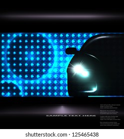 Silhouette of car with headlights on black background. Vector illustration