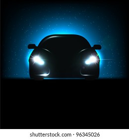 Silhouette of car with headlights on black background. Vector illustration