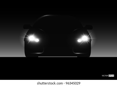 Silhouette of car with headlights on black background. Vector illustration