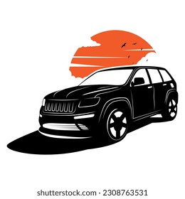 Silhouette car logo with sunset