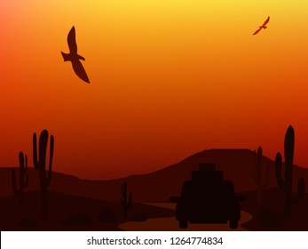 Silhouette car with luggage on the road in the desert vector illustration