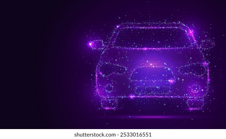 Silhouette of a car made of glowing, multicolored dots, resembling stars. The vibrant particles form its sleek shape, symbolizing movement, innovation, and the beauty of automotive design.