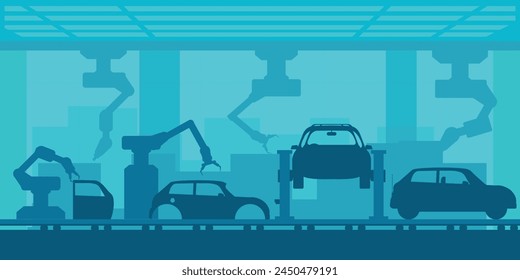 Silhouette of car manufacturing process with smart robotic automotive assembly line, Factory of conveyor for assembly of cars, Modern engineering systems vector illustration.