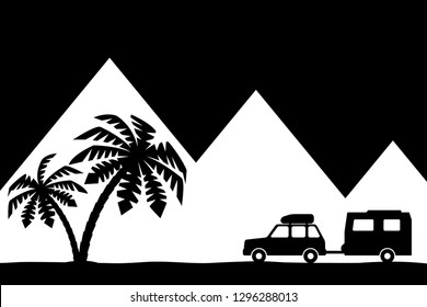 Silhouette of the car and palm trees.