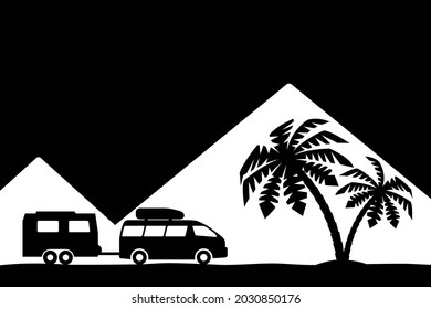 Silhouette of the car and palm trees.