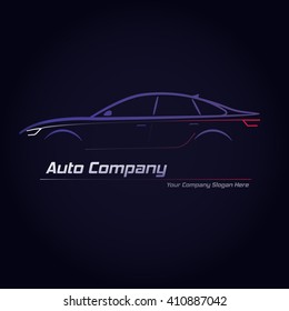 Silhouette of car with red and white headlights on dark blue background. Vector illustration. City sedan car. Ideal for your business signage.