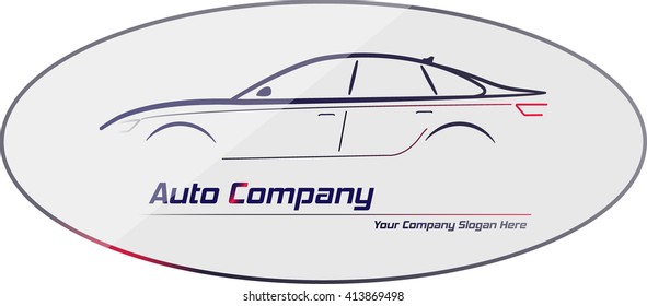 Silhouette of car with red and white headlights on gray background. Vector illustration. City sedan car. Ideal for your business signage.