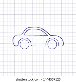 Silhouette of car, small auto icon. Hand drawn picture on paper sheet. Blue ink, outline sketch style. Doodle on checkered background