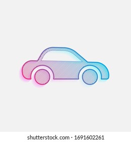 Silhouette of car, small auto icon. Colored logo with diagonal lines and blue-red gradient. Neon graphic, light effect